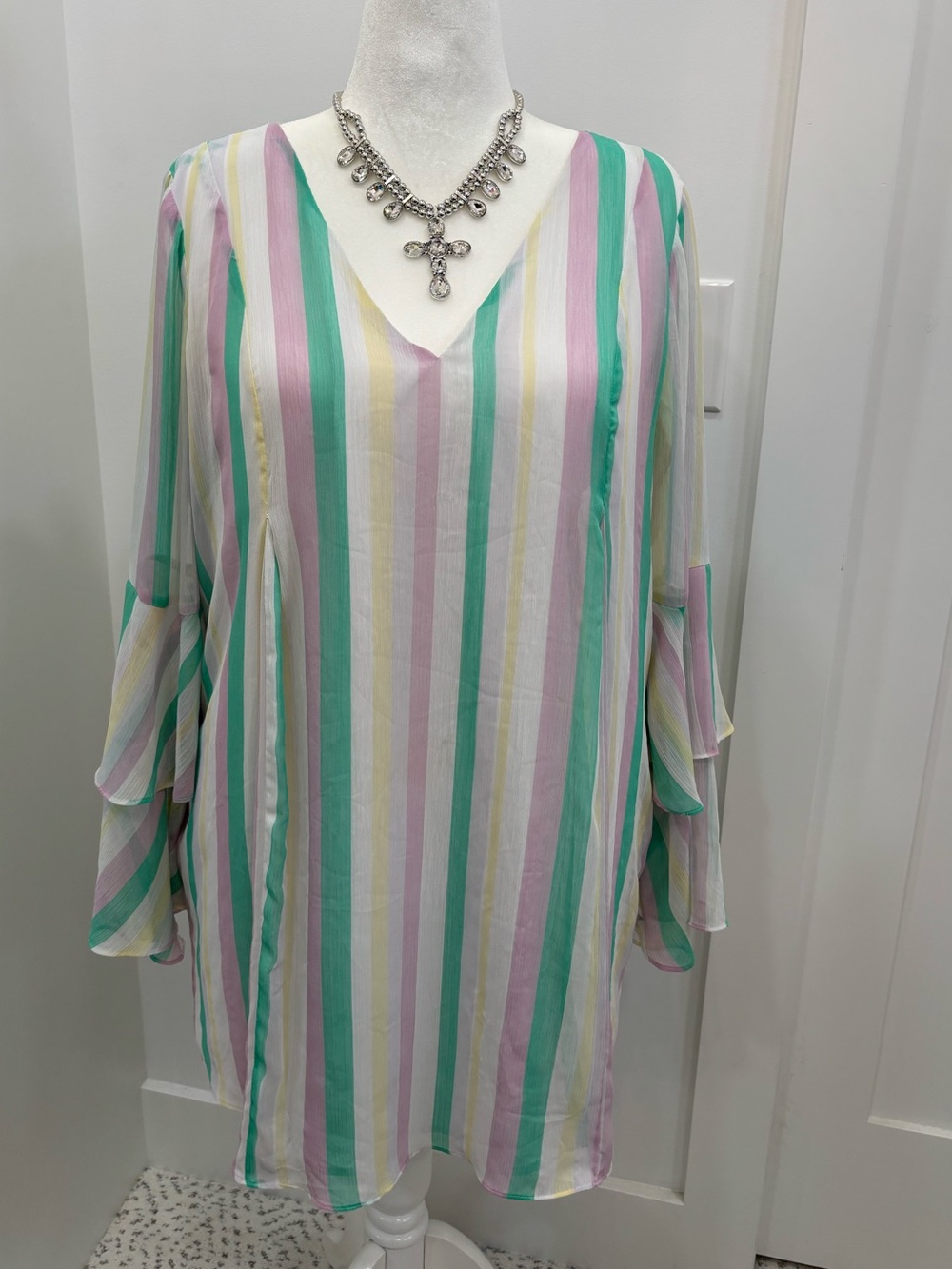 BCBG Pastel Striped V-Neck Tunic - Mint, Pink, Yellow, White
